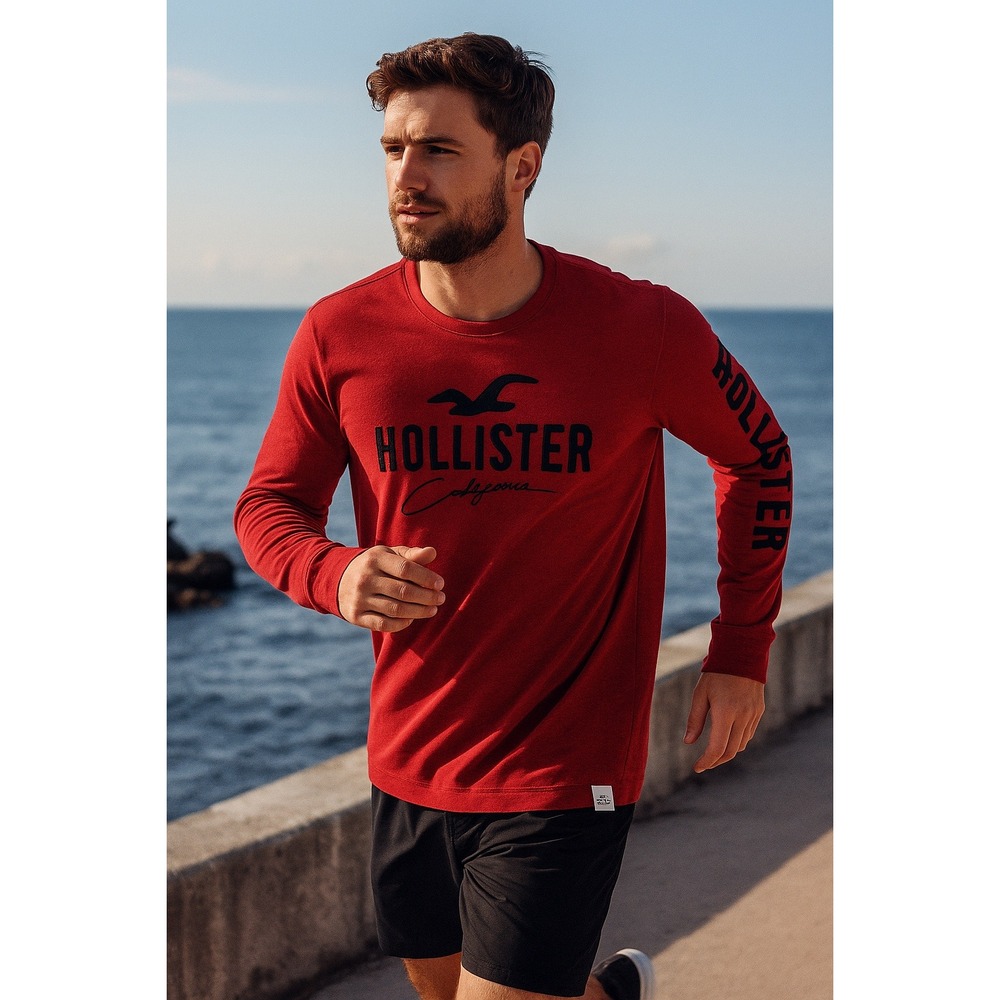 Hollister California Shirt Men's Med. Sleeve Logo Red Preppy Streetwear